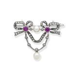 DIAMOND, PEARL AND RUBY BROOCH,