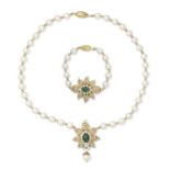 EMERALD, DIAMOND AND CULTURED PEARL NECKLACE AND BRACELET SUITE (2)