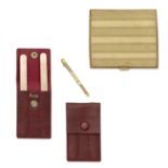 GOLD CIGARETTE CASE, TIE CLASP AND TWO COLLAR STIFFENERS