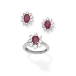 RUBY AND DIAMOND CLUSTER RING AND EARRINGS, (2)