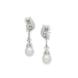 CULTURED PEARL AND DIAMOND PENDENT EARCLIPS