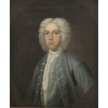 English School, 18th Century Portrait of a gentleman, half-length, in a blue coat, within a paint...