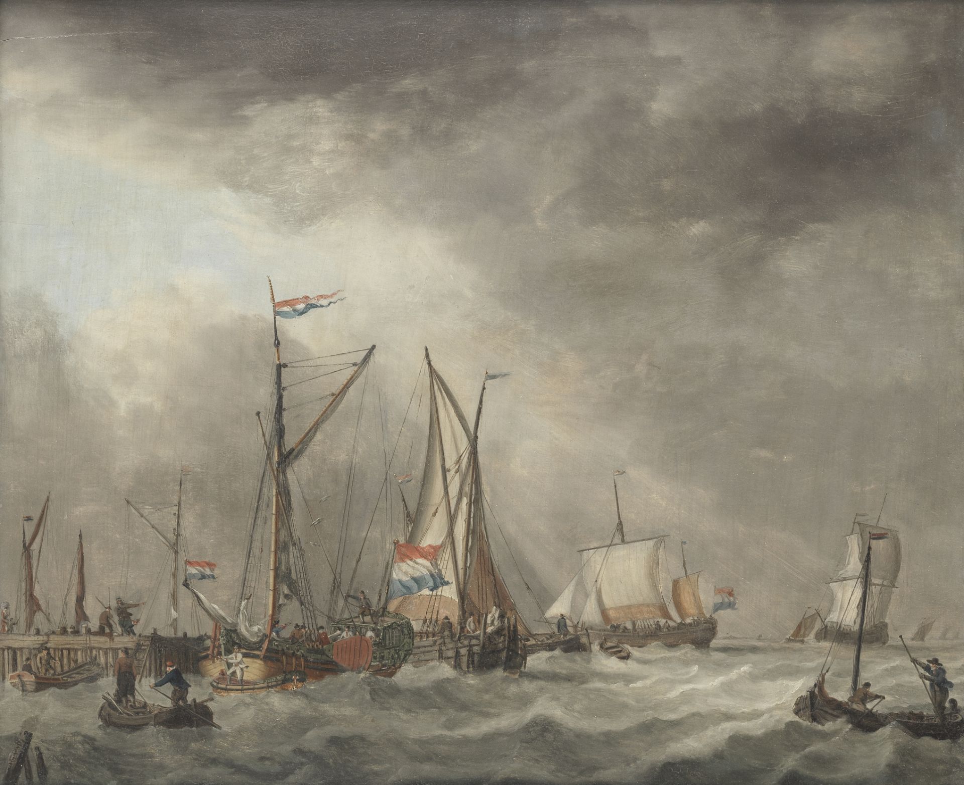 Jan Verbruggen (Enkhuizen 1712-1780 Woolwich) A harbour scene with ships in stormy waters