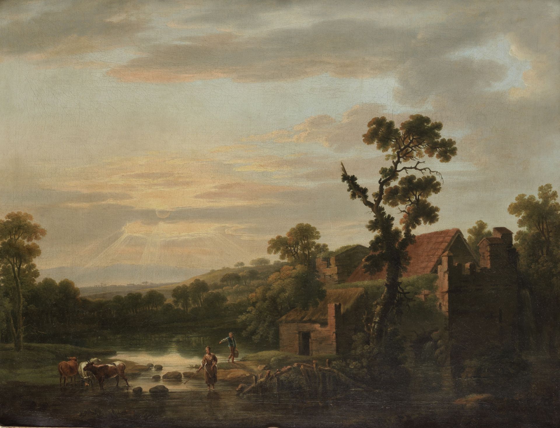 Jean Baptiste Lallemand (Dijon 1716-circa 1803 Paris) Figures in a river landscape at sunset