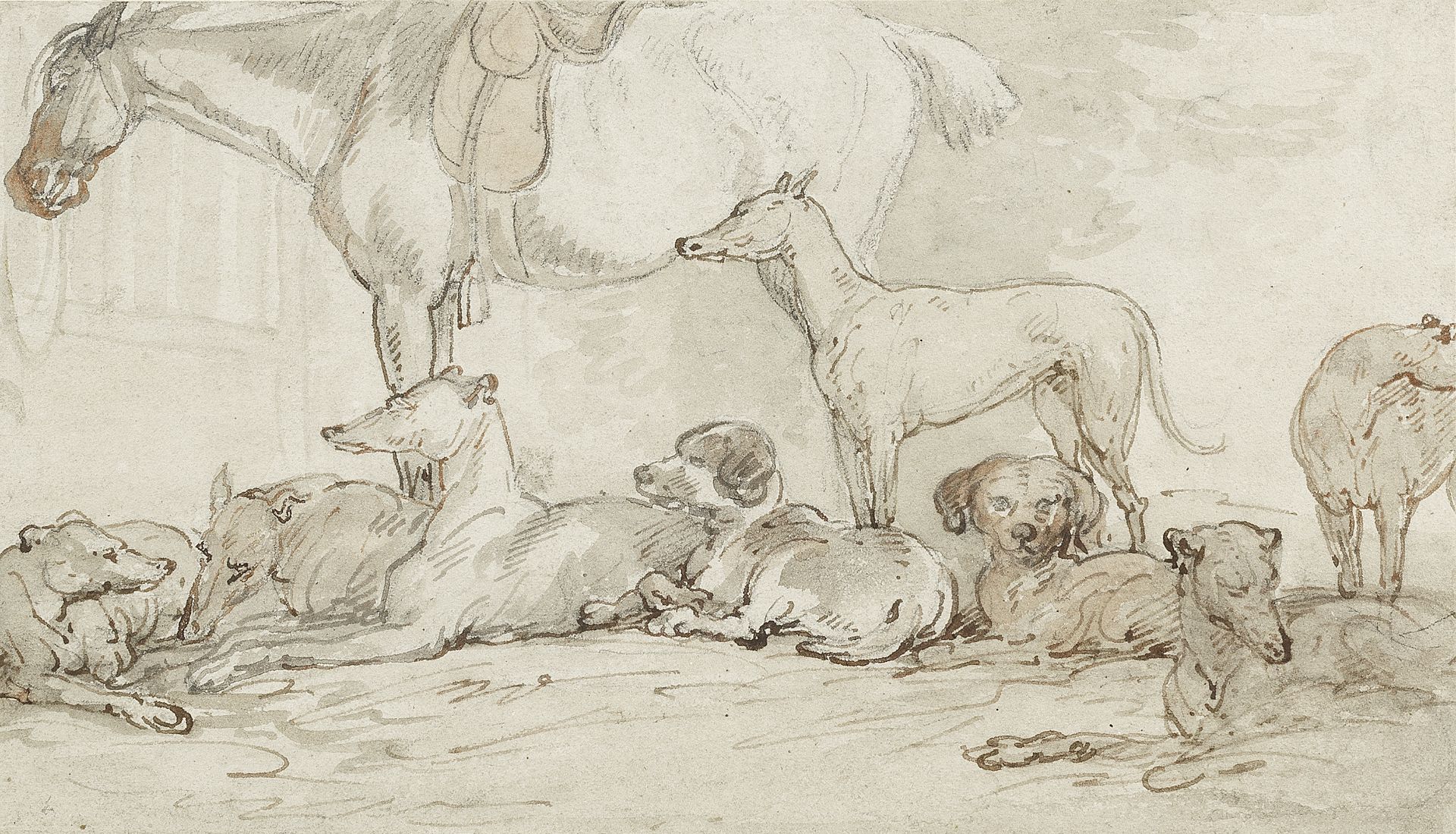 Thomas Rowlandson (London 1756-1827) A horse with a pack of hounds resting