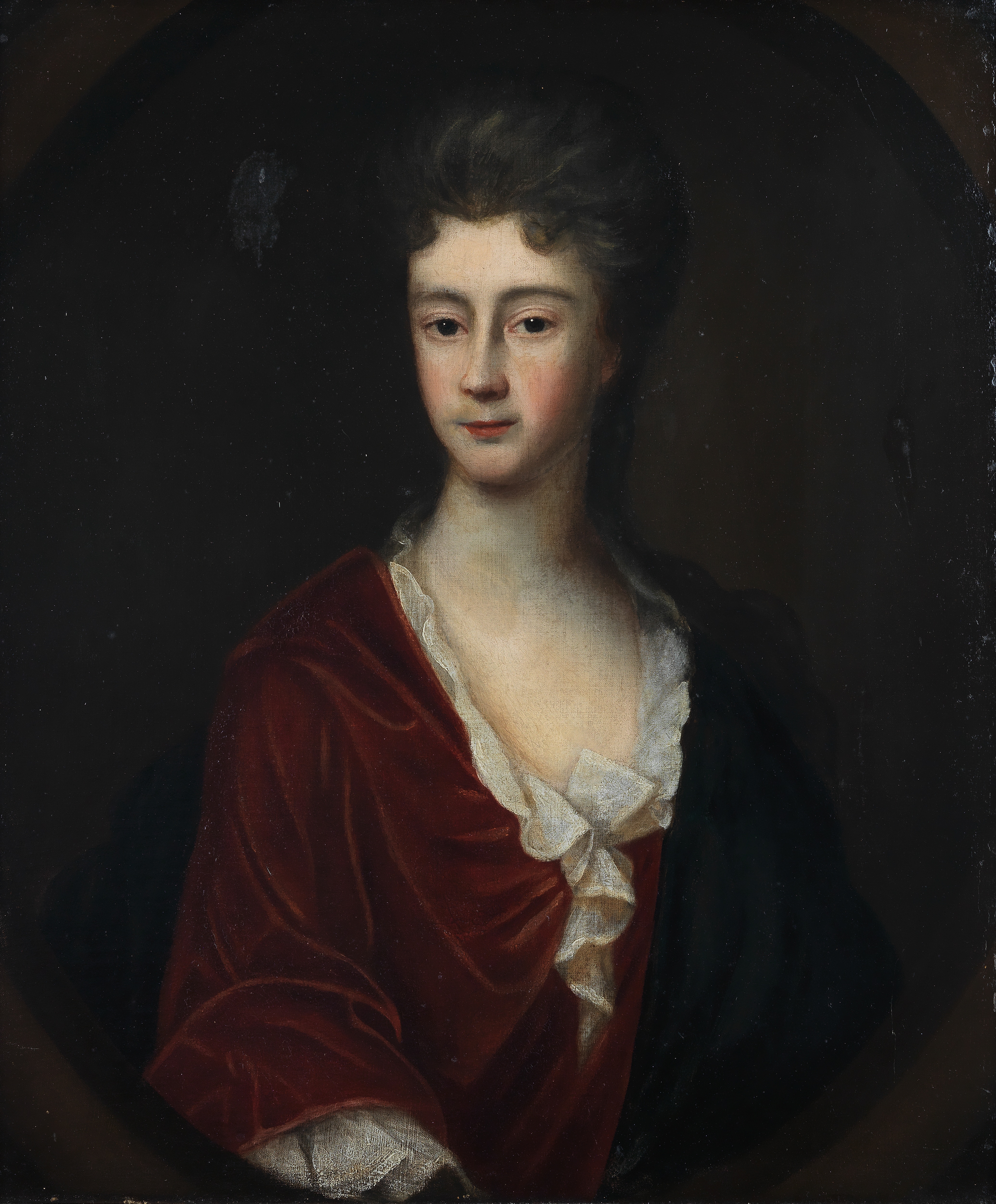 English School, early 18th Century Portrait of a lady, half-length, in a red dress with a blue wr...