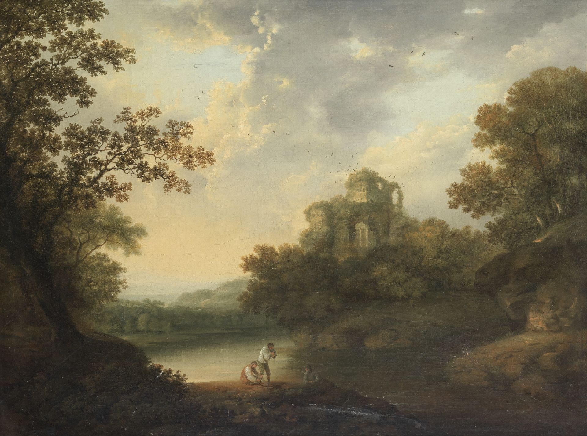 Circle of Richard Wilson R.A (Penegoes 1713-1782 Mold) Figures by a river in a landscape