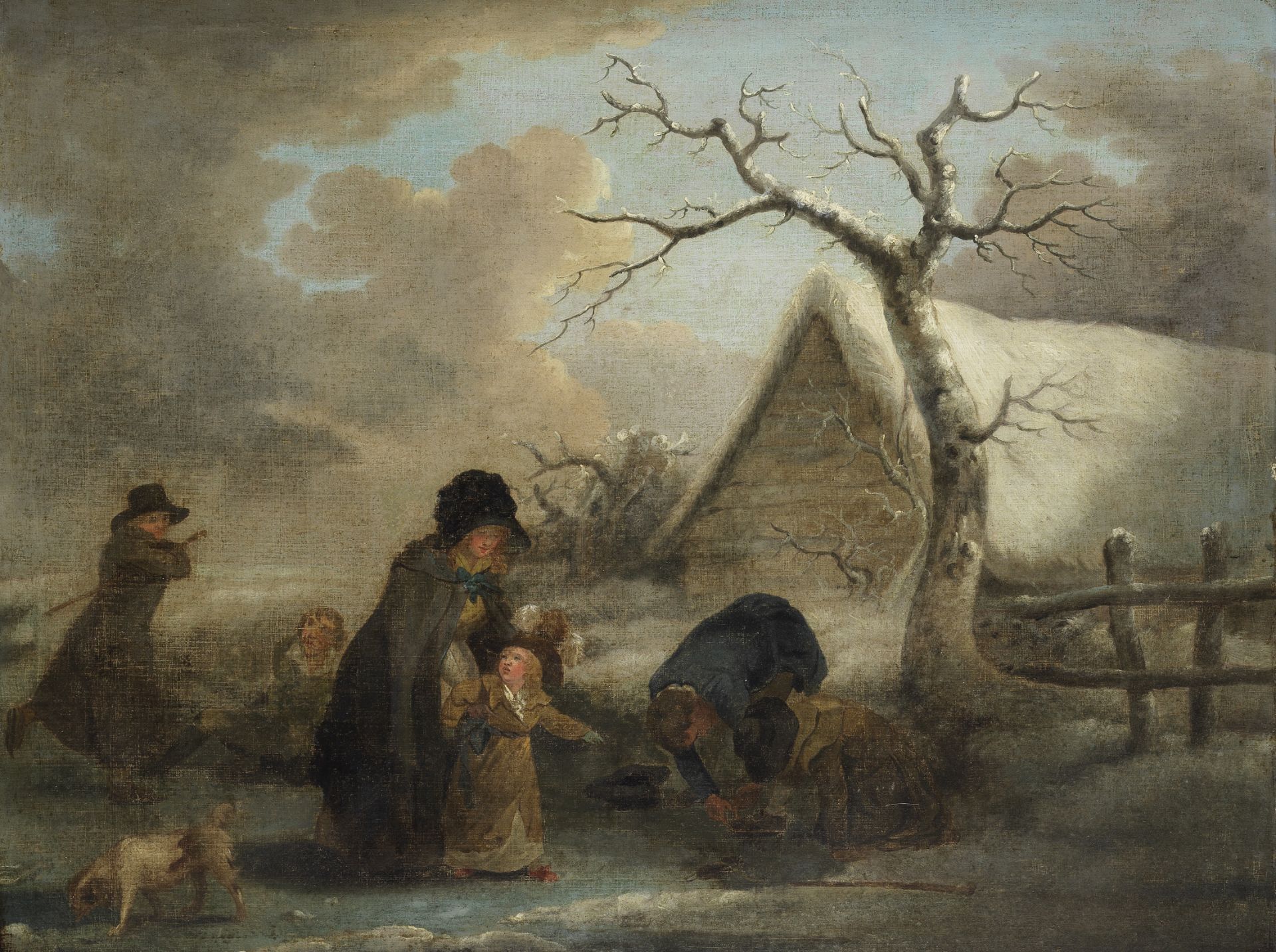 Attributed to George Morland (London 1763-1804) A winter landscape with figures skating