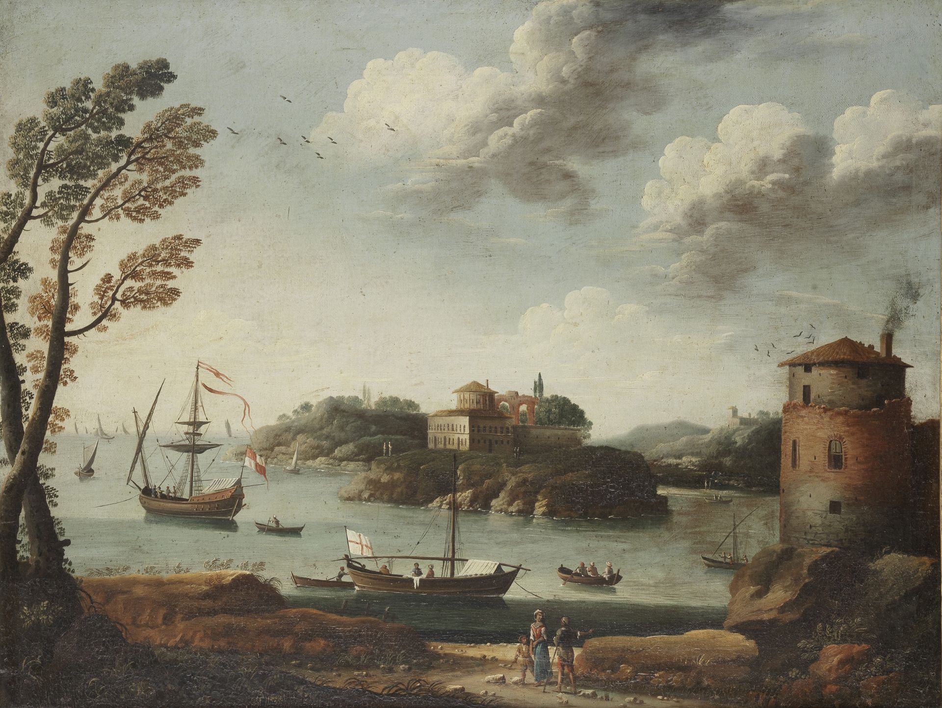 Venetian School, 18th Century A Mediterranean inlet with shipping at anchor; and A Mediterranean ...