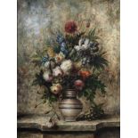 20th century school Still life of flowers on a marble ledge