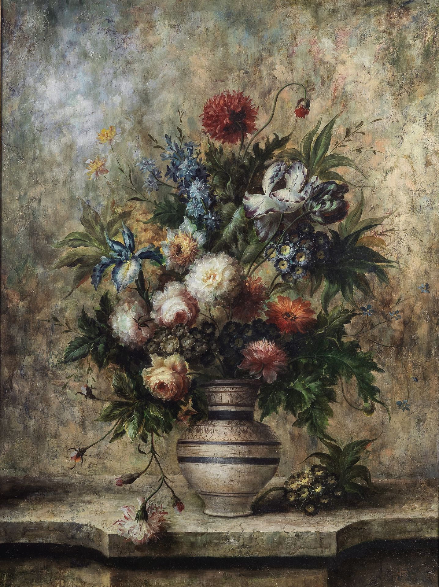 20th century school Still life of flowers on a marble ledge