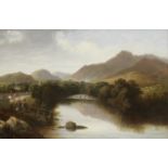 English School, 19th Century A fisherman and other figures by a river bank before a mountainous l...