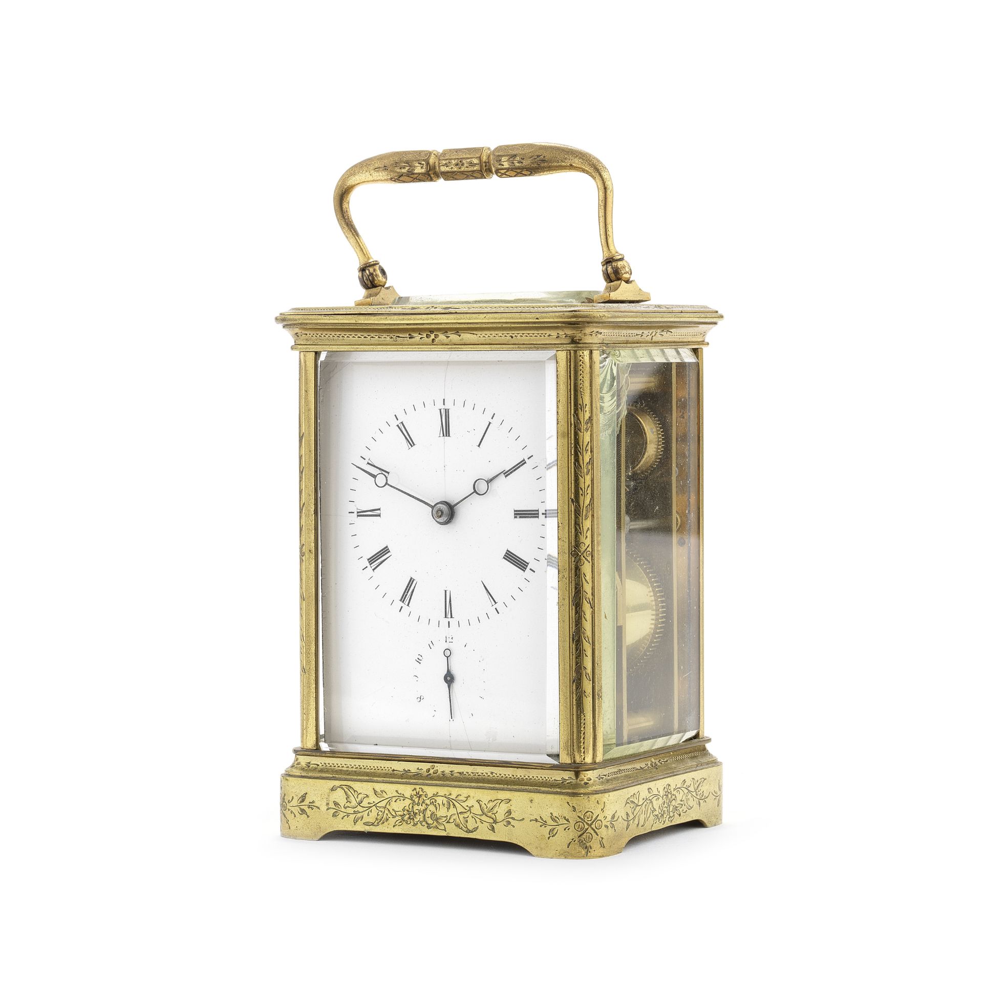 A late 19th century French gilt brass carriage clock with alarm the movement stamped Japy Freres