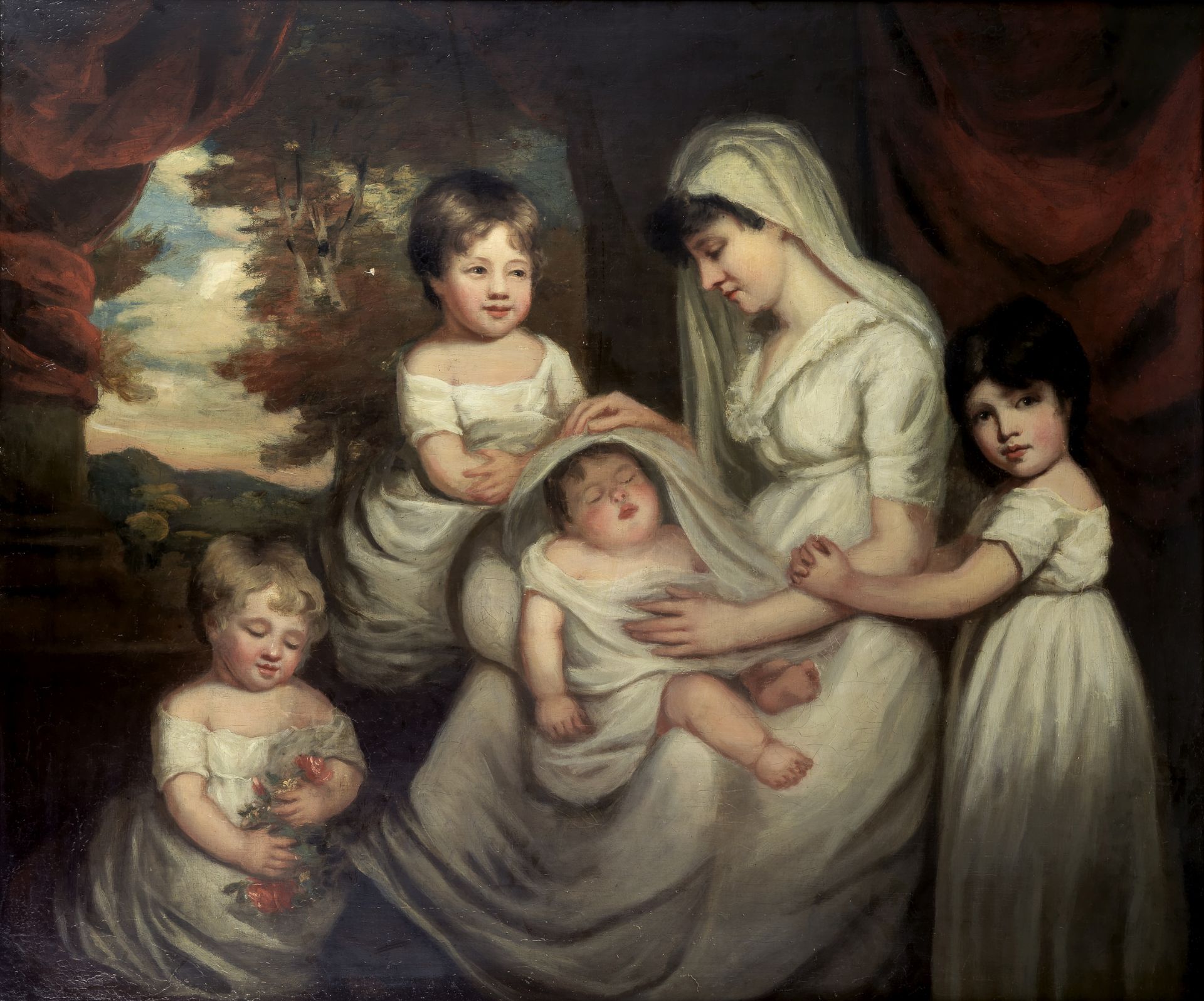 Follower of George Romney (Beckside 1734-1802 Kendal) Portrait of a family before a landscape