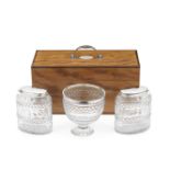 A George III cased silver-mounted glass tea caddy set the glass silver mounts, maker's mark IT po...