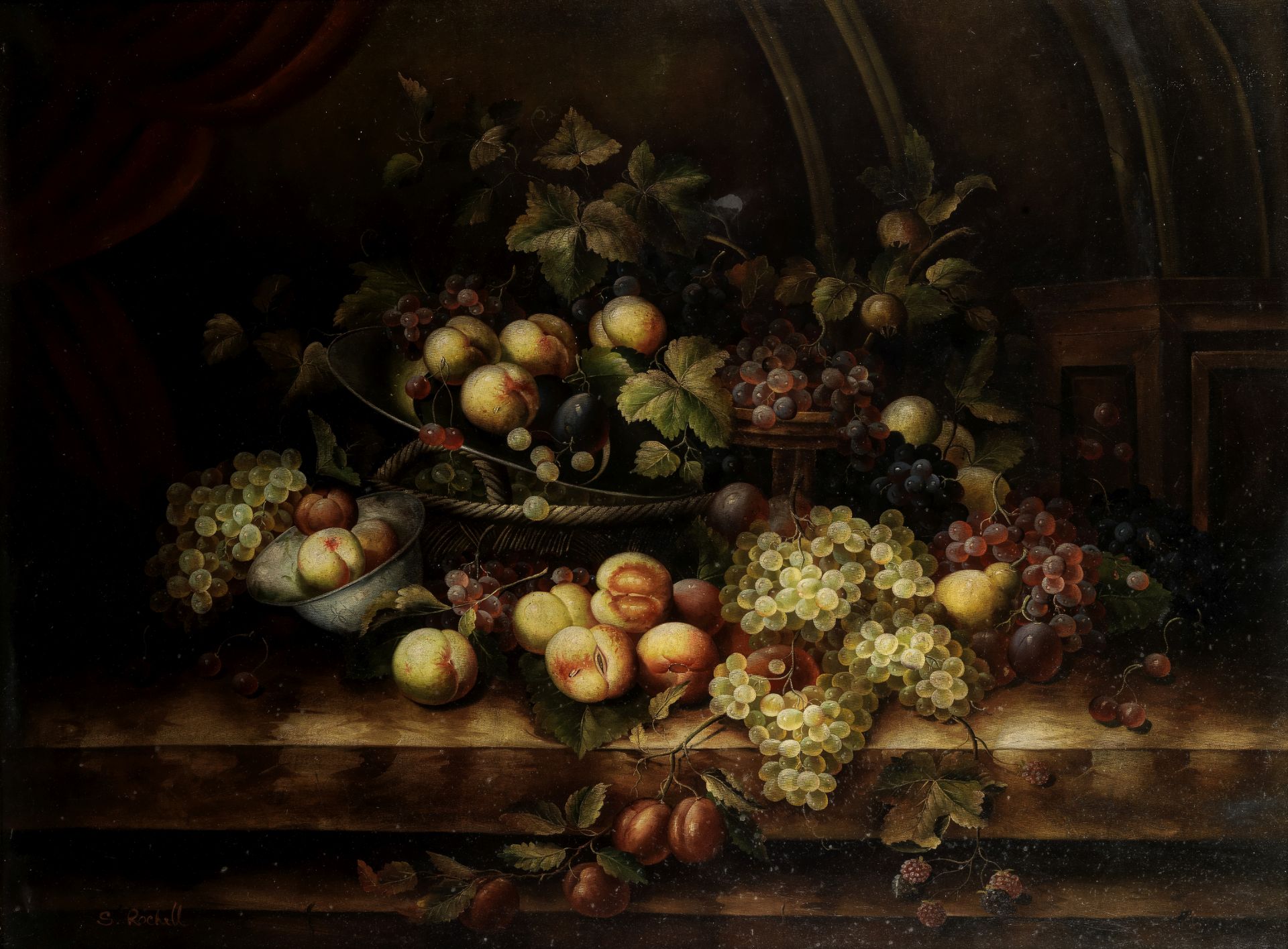 S. Rochell (20th Century) Still life with peaches and grapes