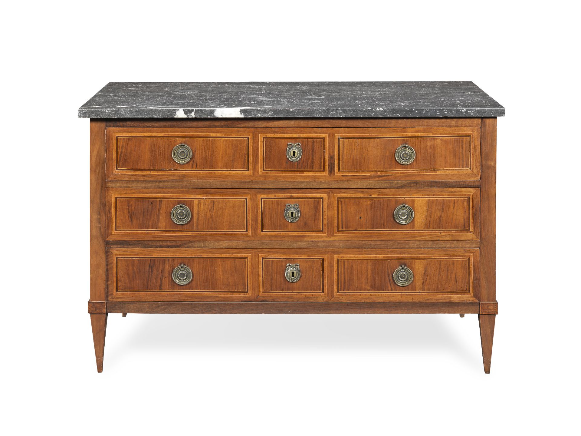 A French or North Italian walnut, purplewood banded and tulipwood crossbanded commode probably co...