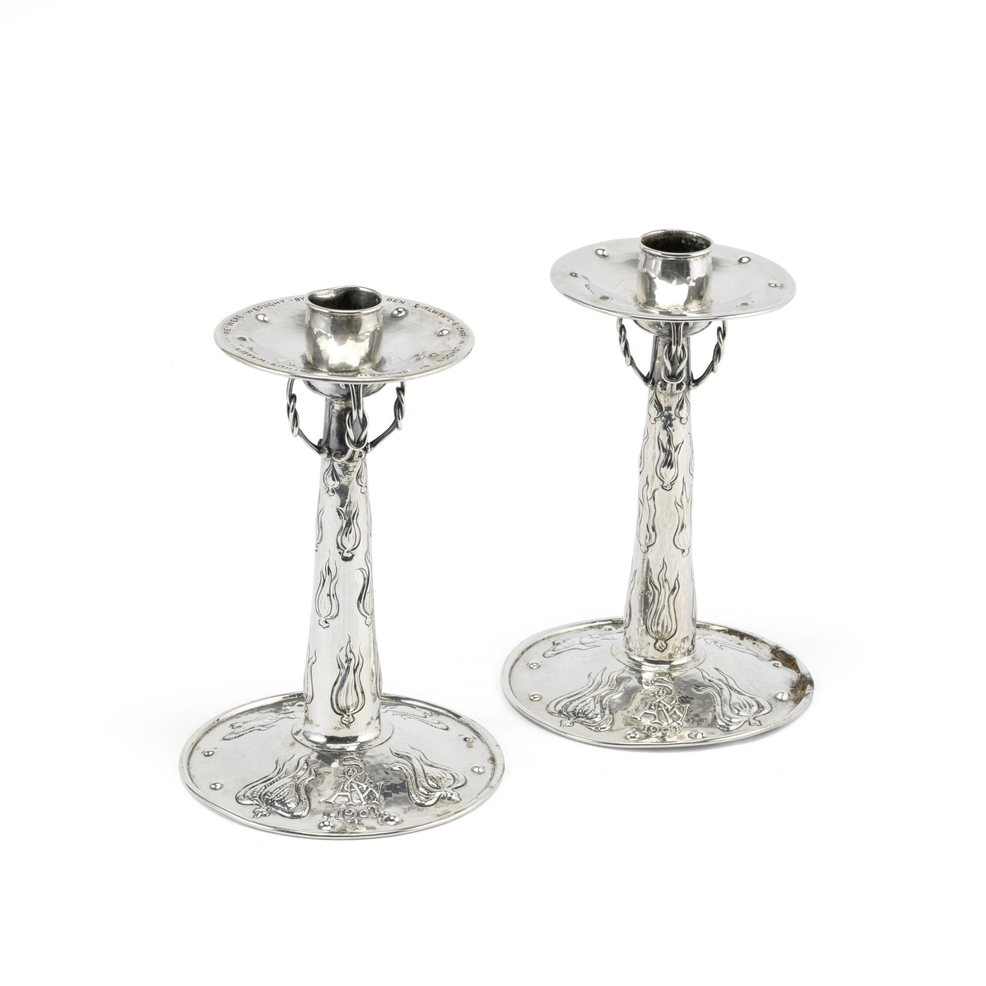 Omar Ramsden and Alwyn Carr: a pair of Arts and Crafts silver candlesticks London 1901 (2)