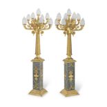 A pair of impressive nine light gilt bronze and verde antico marble torchieres probably mid 20th ...