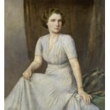 Bertram Priestman (British, 1868-1951) Portrait of a lady, seated, in a blue dress