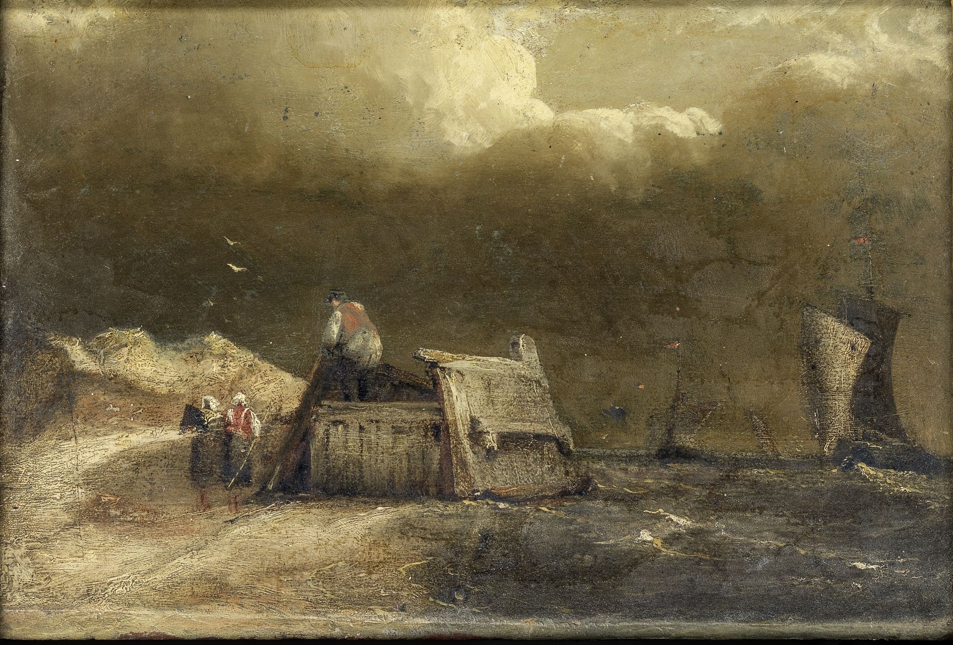 Manner of John Wilson, RSA Coastal scene with boats and figures