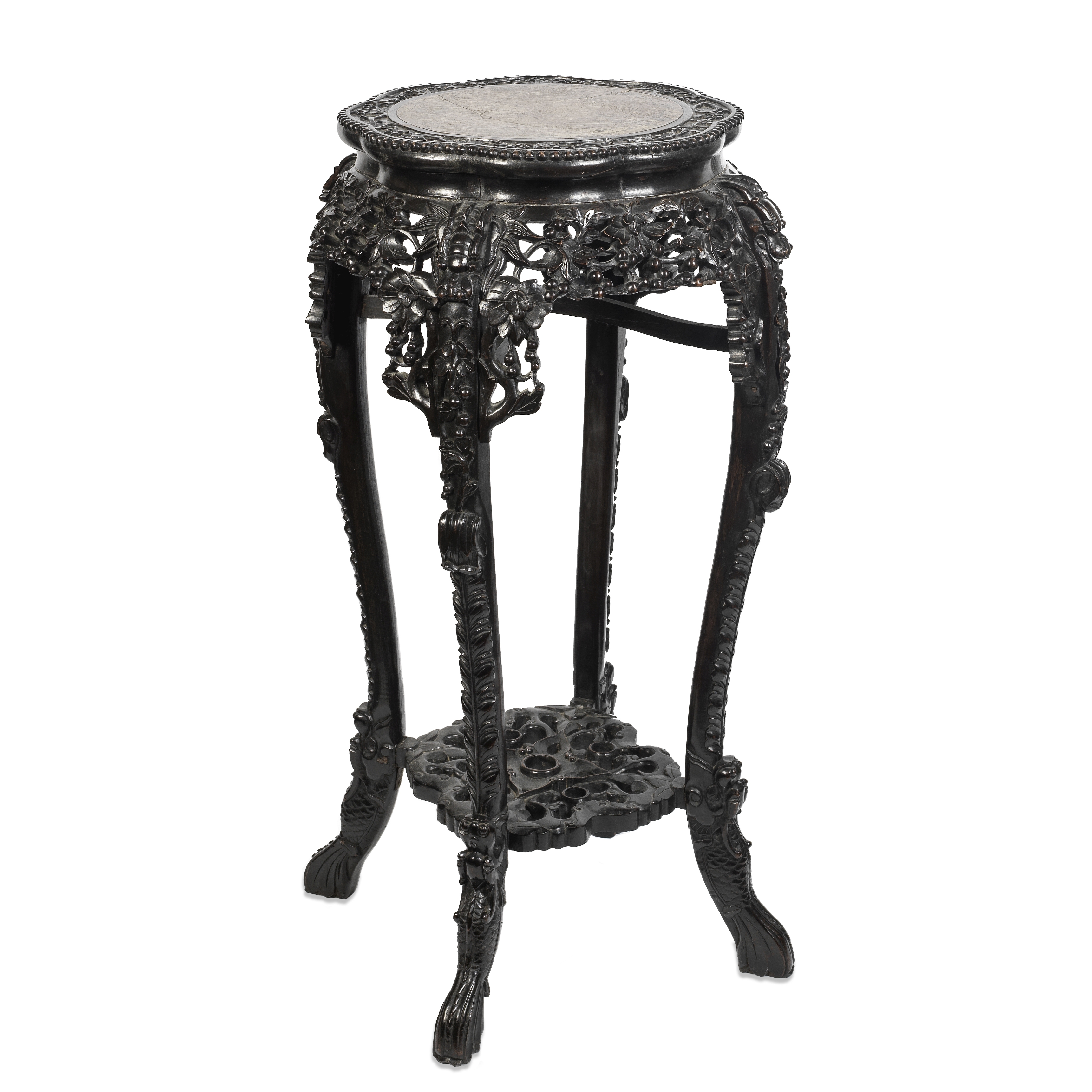 An early 20th century Chinese carved hardwood and rouge marble inset jardini&#232;re stand