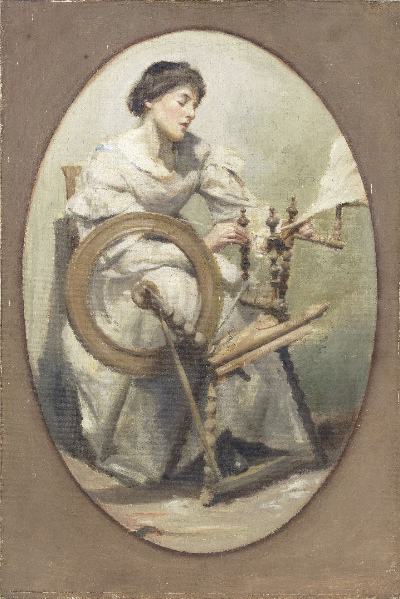 English School (Late 19th/early 20th century) Portrait of a lady with a spinning wheel unframed