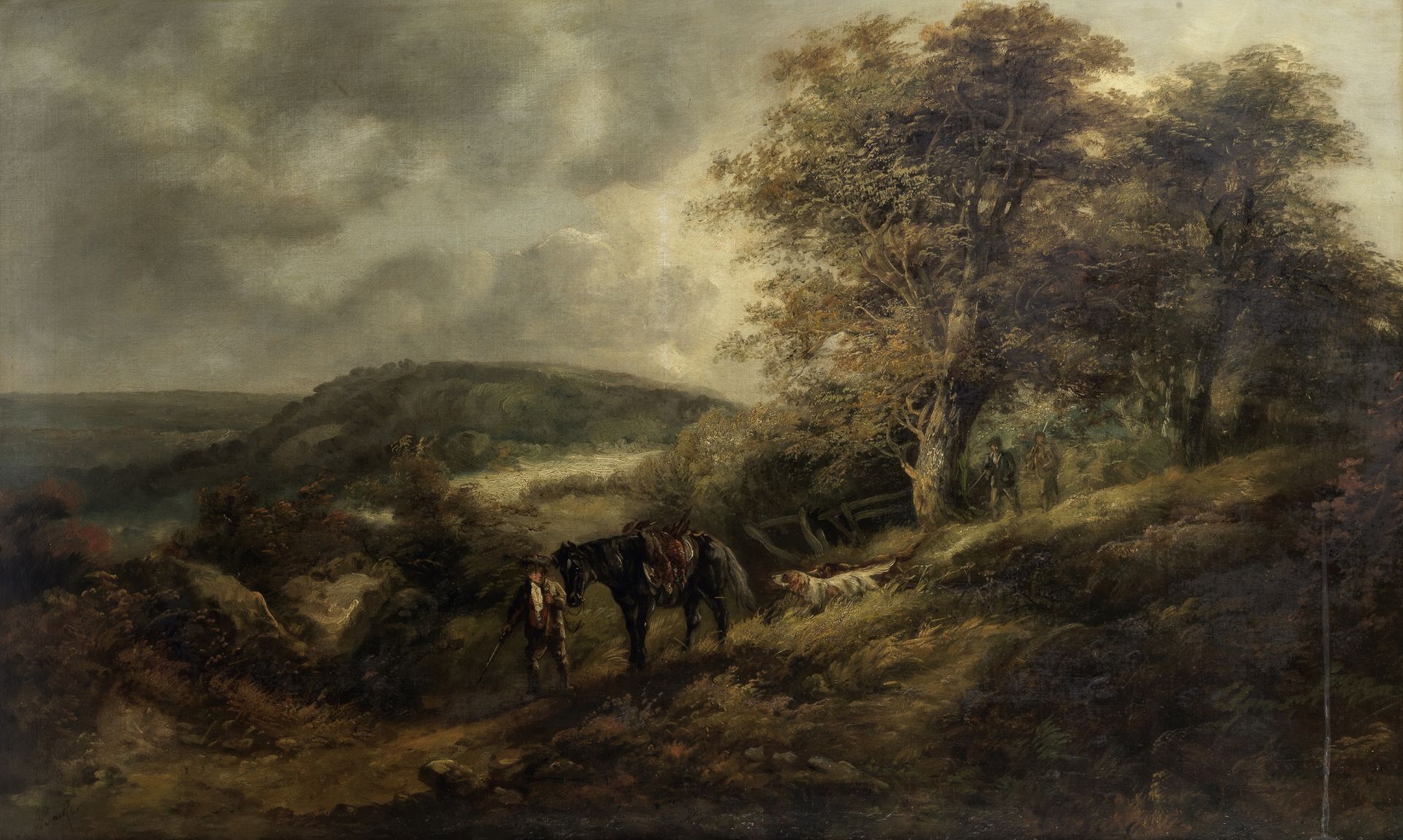 John Joseph Barker of Bath (British, 1824-1904) Landscape with huntsman, horse and dogs