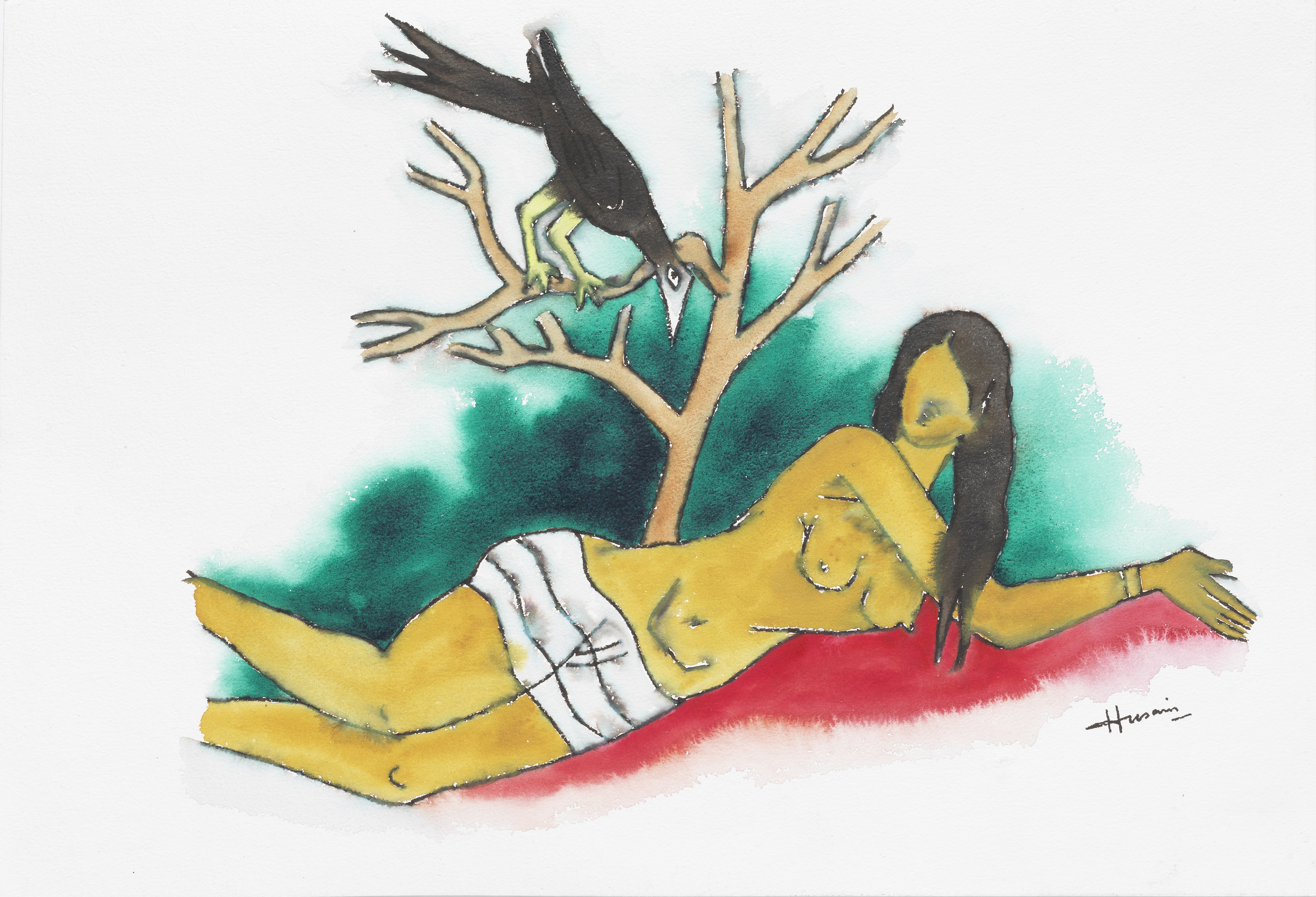 Maqbool Fida Husain (Indian, 1915-2011) Untitled (Woman with a crow)