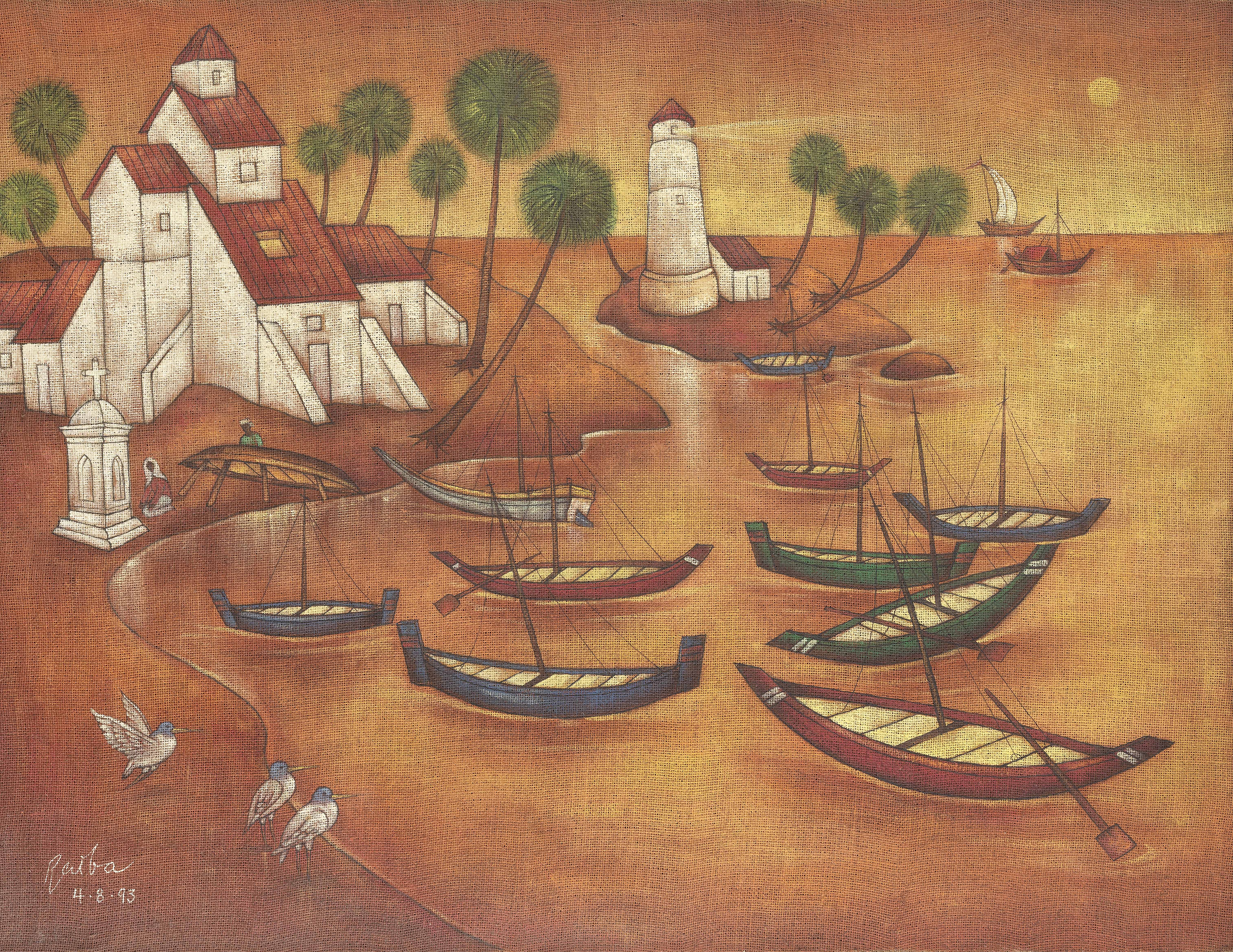 Adbul Aziz Raiba (Indian, 1922-2016) Untitled (Landscape with boats)