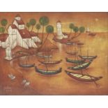 Adbul Aziz Raiba (Indian, 1922-2016) Untitled (Landscape with boats)
