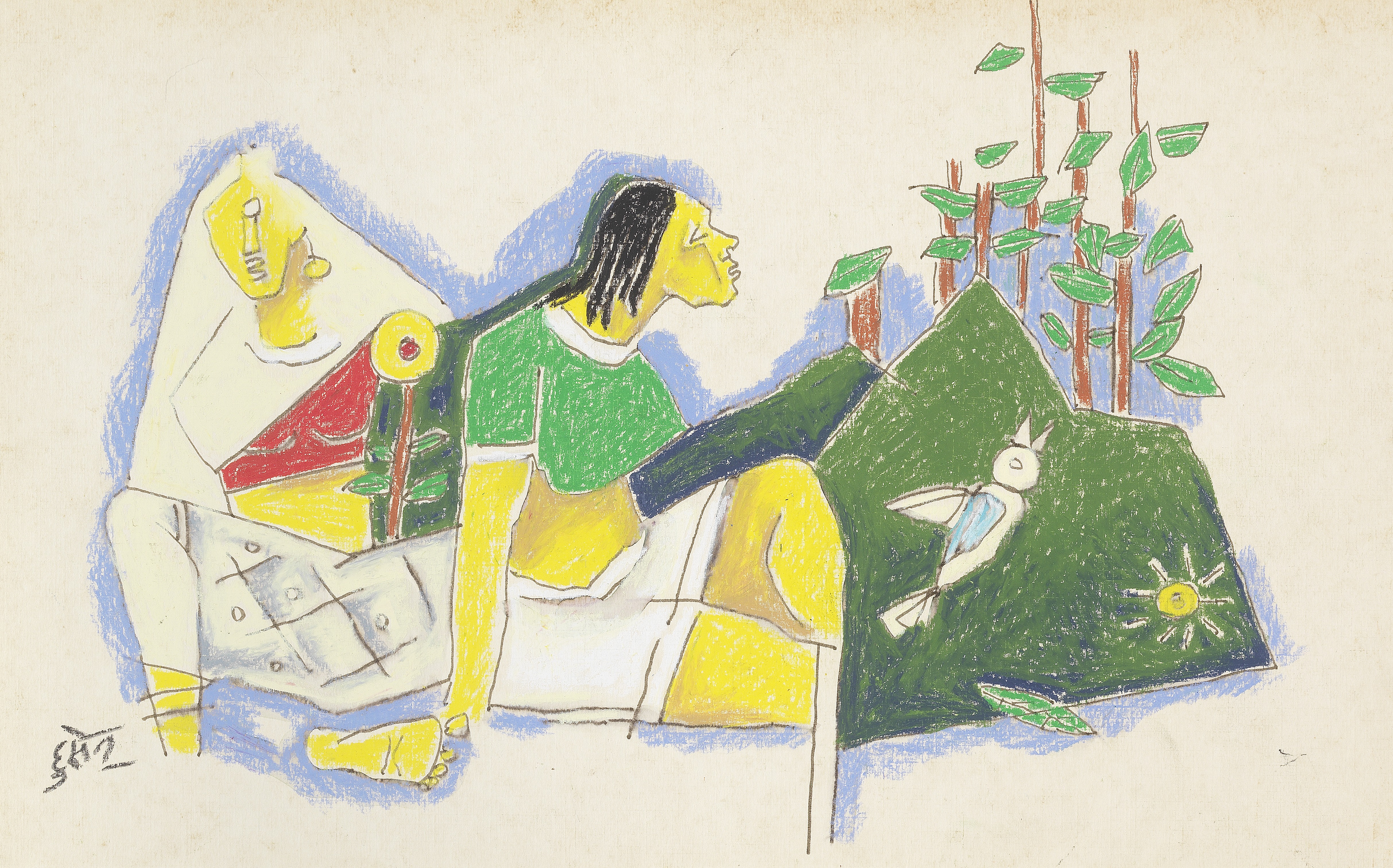 Maqbool Fida Husain (Indian, 1915-2011) Untitled (Seated women in a landscape)