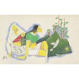 Maqbool Fida Husain (Indian, 1915-2011) Untitled (Seated women in a landscape)