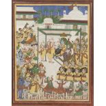 Rama anointed as king by Vasistha, Sita beside him, surrounded by a large company of deities, pri...