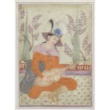 A maiden in Persian-style dress, playing a stringed musical instrument, seated on a garden terrac...