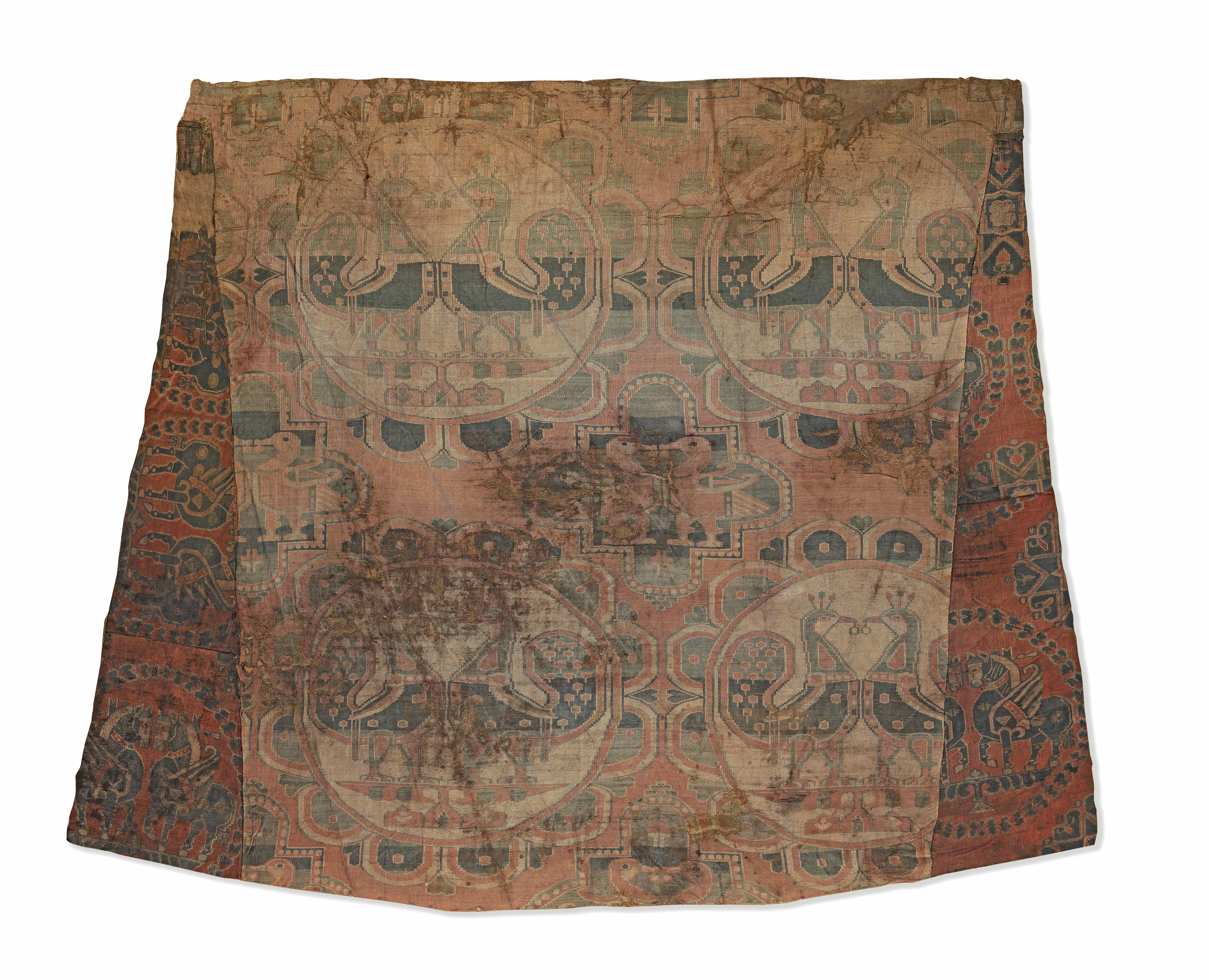 A Sogdian silk samite fragment with confronting pheasants Central Asia, 7th-9th Century