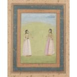 Two maidens standing in discussion in a landscape Mughal, by a follower of Govardhan II, circa 17...