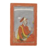 Raja Sidh Sen (reg. 1684-1727) seated against a bolster on a terrace, holding a sword Mandi, seco...