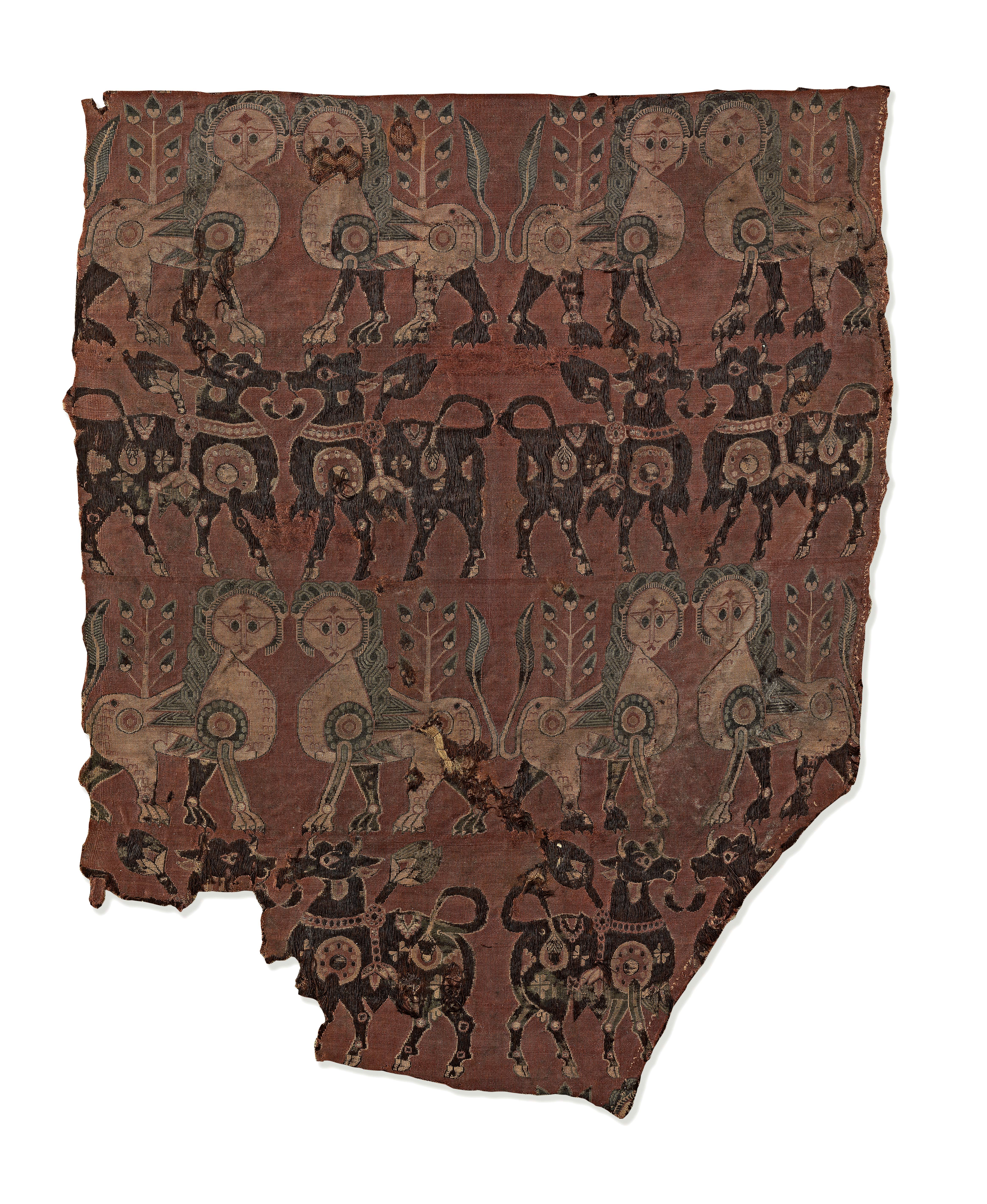 A Sogdian silk samite fragment with lions and bulls Central Asia, 7th-9th Century