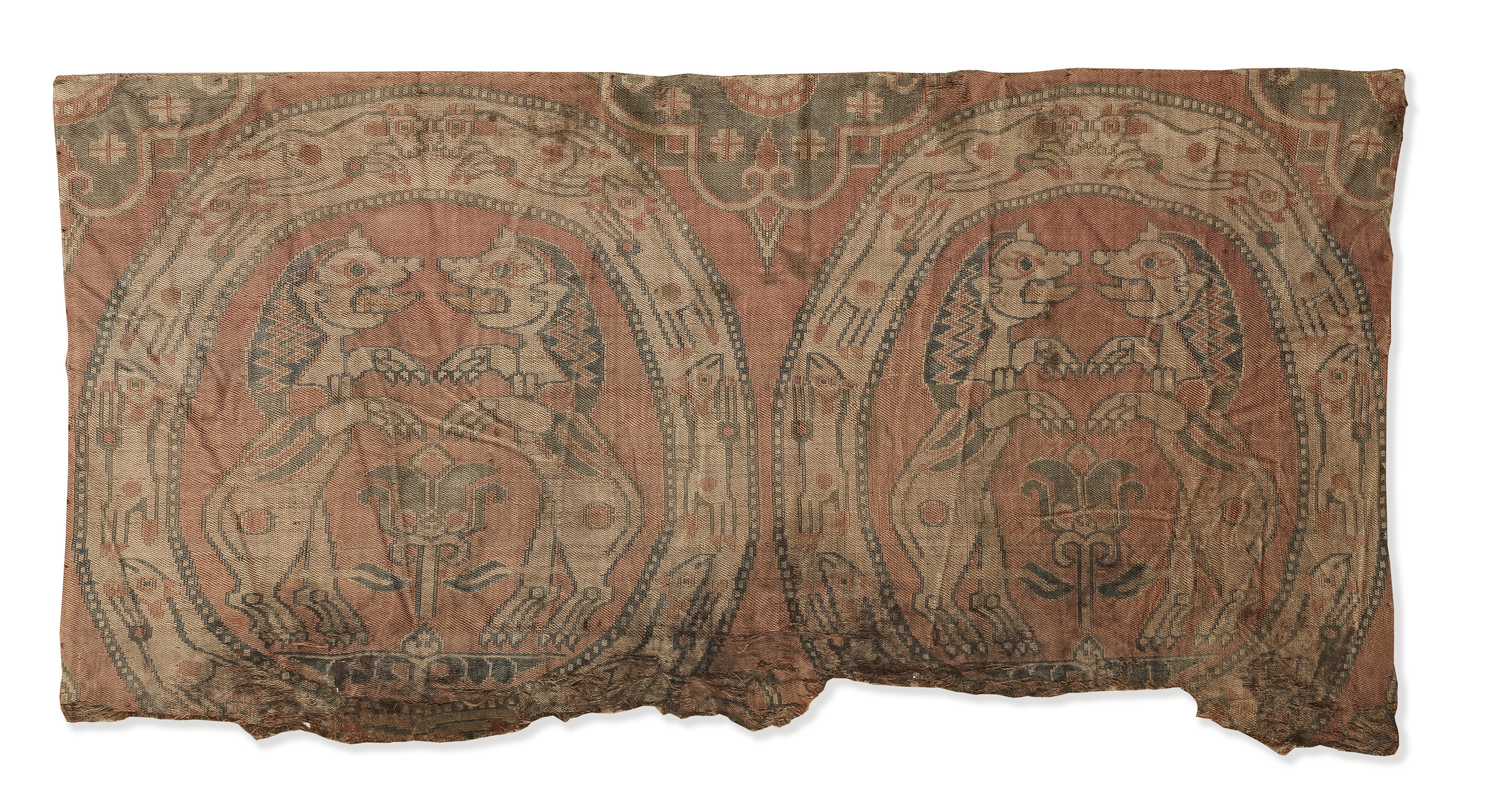 A Sogdian silk samite fragment with confronting lions Central Asia, 7th-9th Century