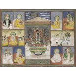 Sri Nath-Ji in a temple pavilion, surrounded by images of priests and aristocratic devotees Nathd...