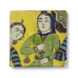 A Safavid cuerda seca pottery tile depicting two maidens, possibly a scene from Jami's Yusuf va Z...