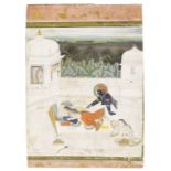 KRISHNA WAKING A SLEEPING RADHA ON A TERRACE, AN ATTENDANT SLEEPING AT HER FEET, ANOTHER PEEPING ...