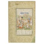 An illustrated leaf from a manuscript of Nizami's Khusraw and Shirin, depicting Khusraw in combat...