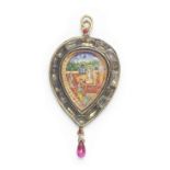 An enamelled gold pendant containing a painting of Rama and Sita North India, 19th Century