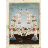 A FANTASY SCENE, DEPICTING ELEVEN COUPLES IN EROTIC EMBRACES IN A GARDEN DELHI, MID-19TH CENTURY