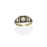 GOLD, BLACK ENAMEL AND PEARL MEMORIAL RING, DATED 1893