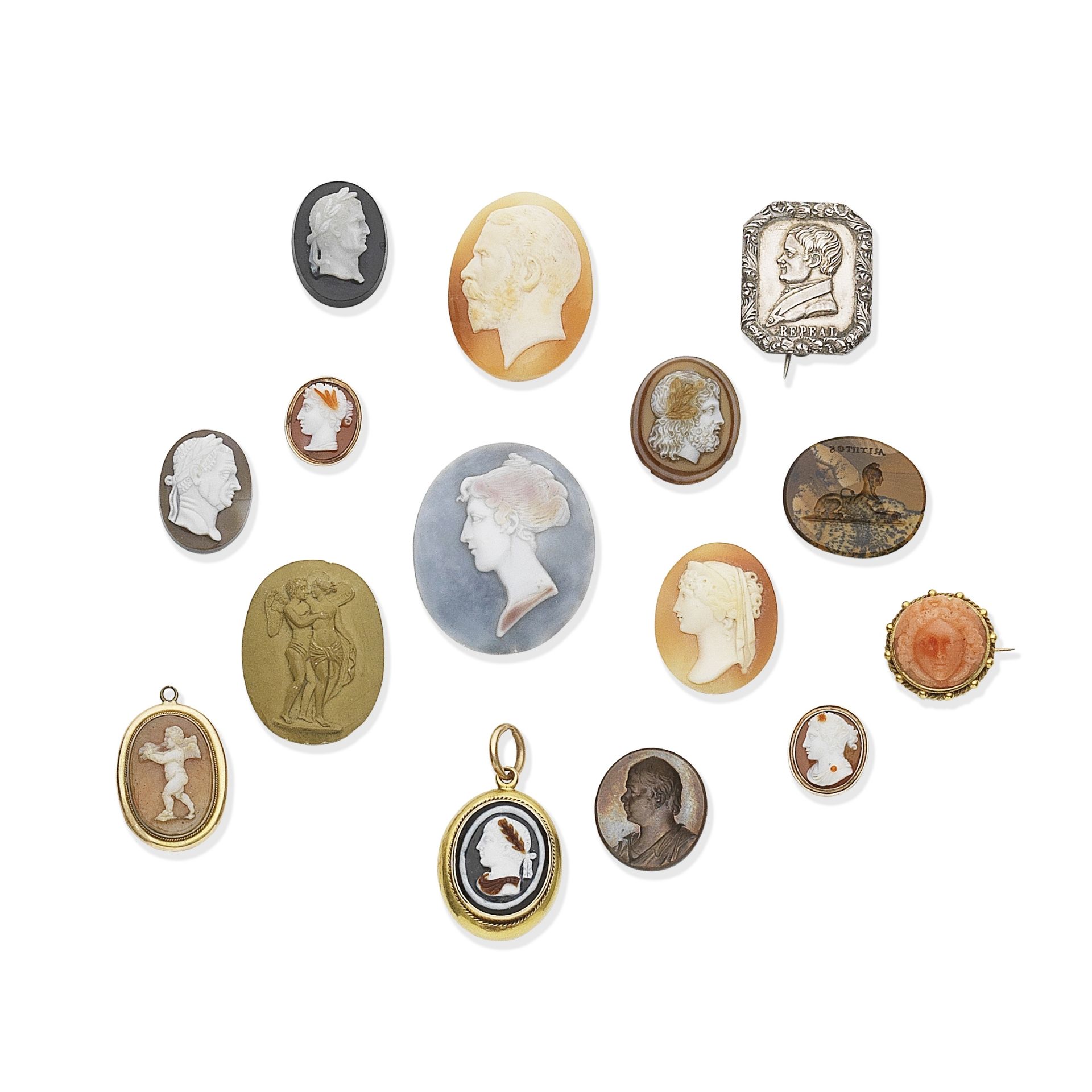 COLLECTION OF CORAL, SHELL, HARDSTONE AND METAL CAMEOS AND INTAGLIOS, 19TH CENTURY (15)