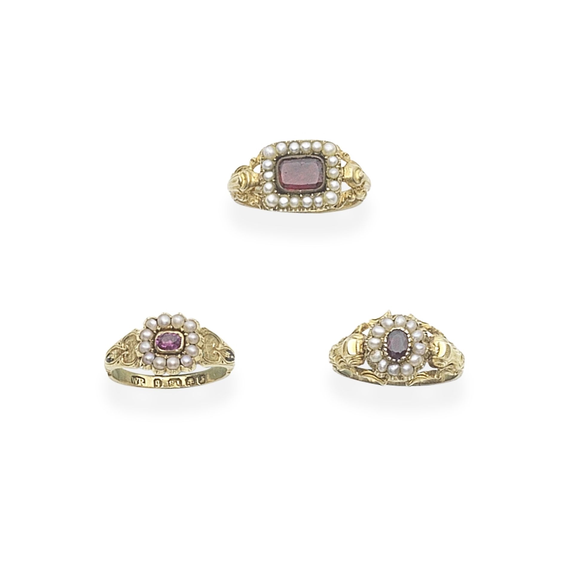 THREE SEED PEARL AND GEM-SET CLUSTER RINGS,