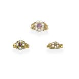 THREE GOLD HALF-PEARL AND GEM-SET RINGS, (3)